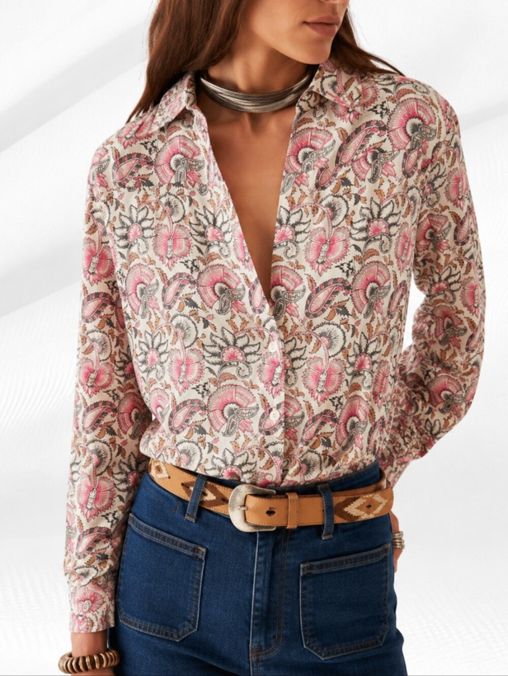 Maison Hotel Floral Western Boho Button Front Blouse Top Medium